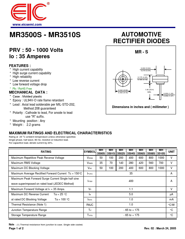 MR3510S AUTOMOTIVE RECTIFIER DIODES by EIC - Datasheet Preview