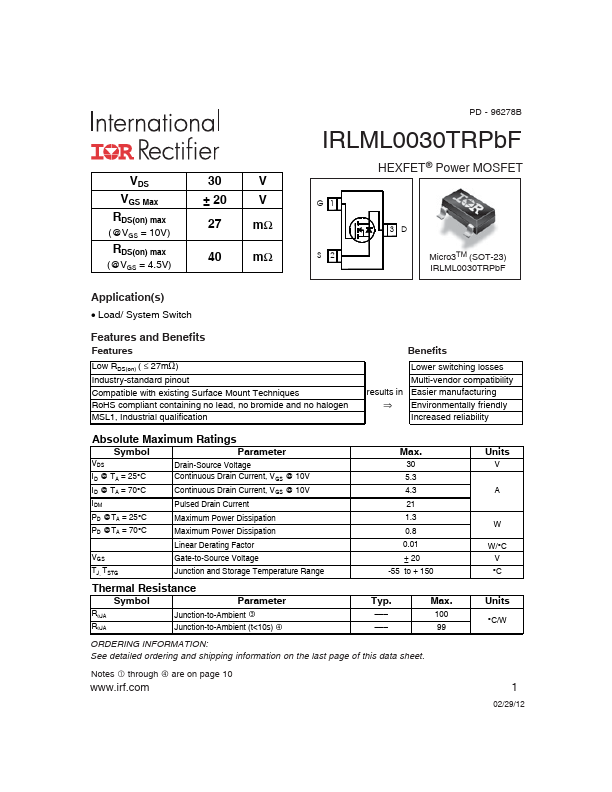 IRLML0030 Datasheet Preview