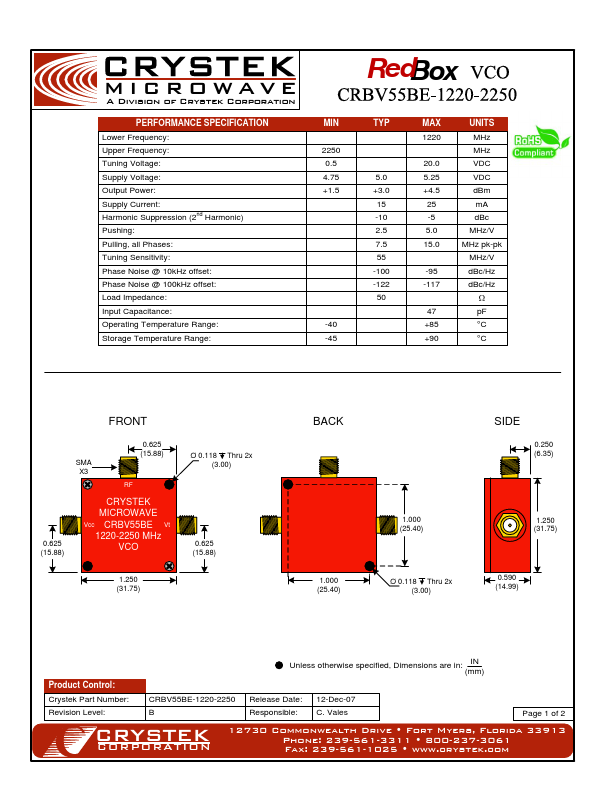 CRBV55BE-1220-2250 VCO by CRYSTEK - Datasheet Preview