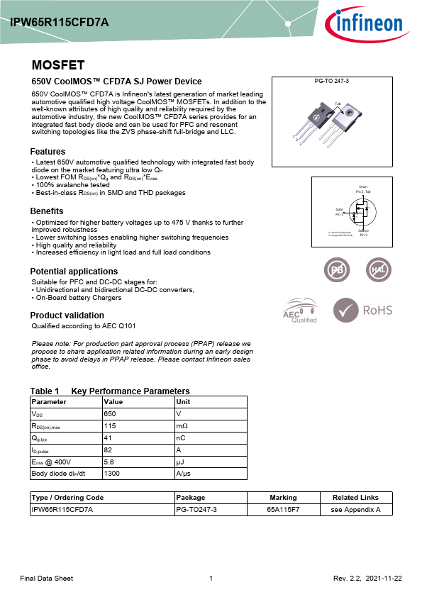 IPW65R115CFD7A Datasheet Preview