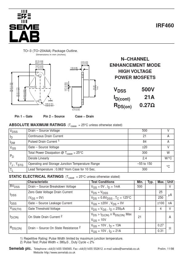 IRF460 Datasheet, MOSFET, Seme LAB