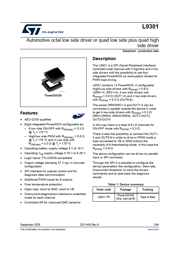 L9301 Automotive octal low side driver or quad low side plus quad high side driver by STMicroelectronics - Datasheet Preview