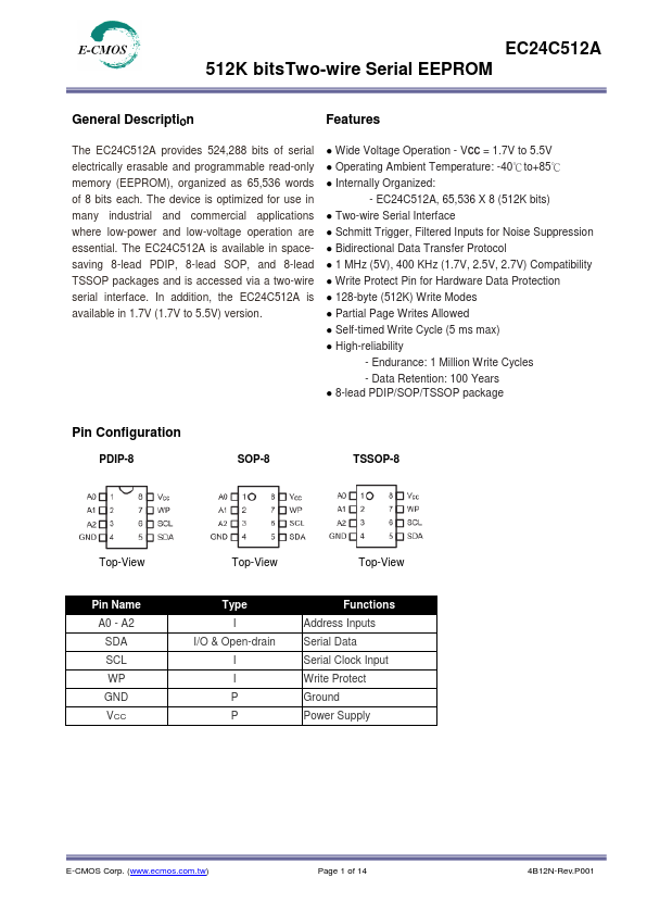 EC24C512A  512K bitsTwo-wire Serial EEPROM by E-CMOS - Datasheet Preview