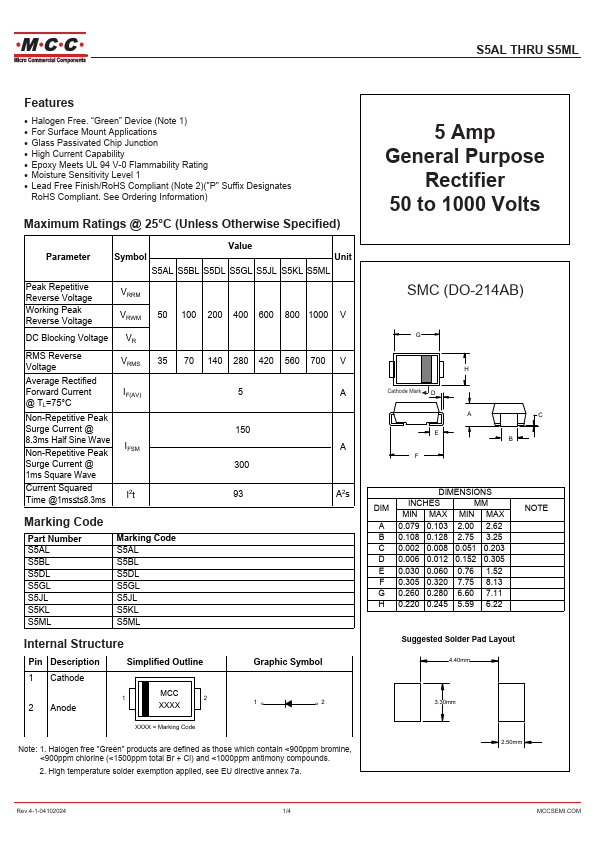 S5AL 5 Amp General Purpose Rectifier by MCC - Datasheet Preview