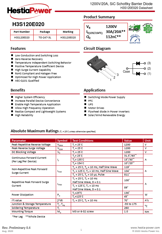 H3S120E020 1200V/20A SiC Schottky Barrier Diode by Hestia Power - Datasheet Preview