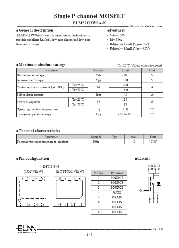 ELM57113WSA-N Single P-channel MOSFET by ELM - Datasheet Preview