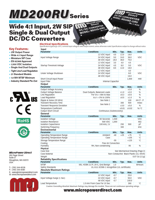 MD224D-15RU 2W SIP Single & Dual Output DC/DC Converters by MicroPower Direct - Datasheet Preview