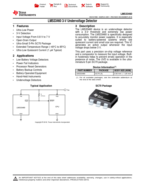 LMS33460 3-V Undervoltage Detector by Texas Instruments - Datasheet Preview