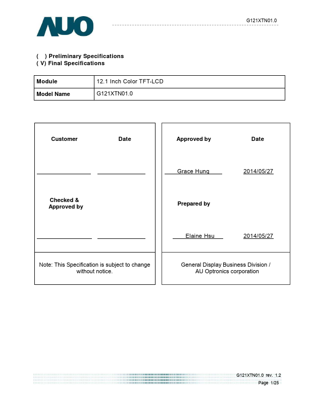G121XTN01.0 Datasheet Preview