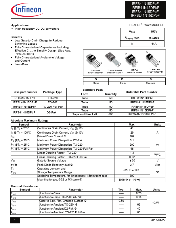 IRFS41N15DPbF Datasheet Preview