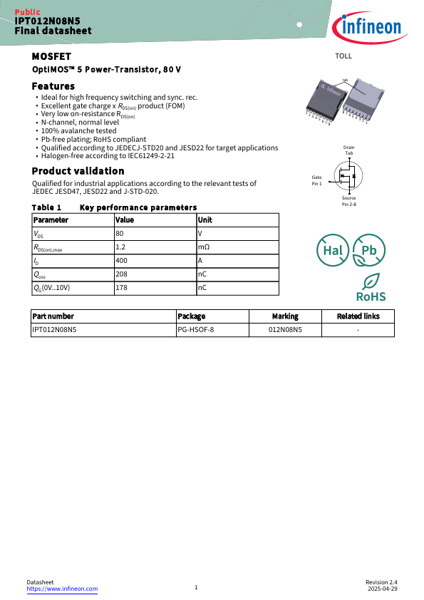 IPT012N08N5 Datasheet Preview