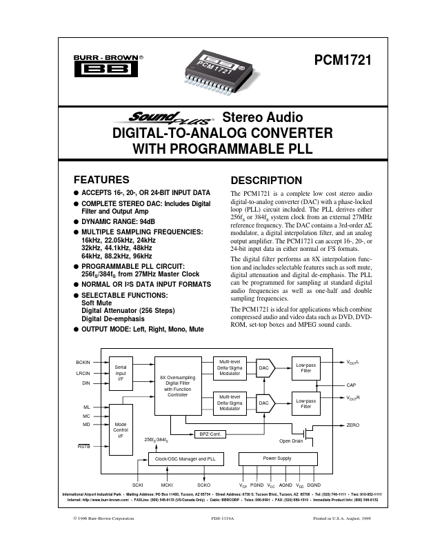 PCM1721 Stereo Audio DIGITAL-TO-ANALOG CONVERTER by Burr-Brown - Datasheet Preview