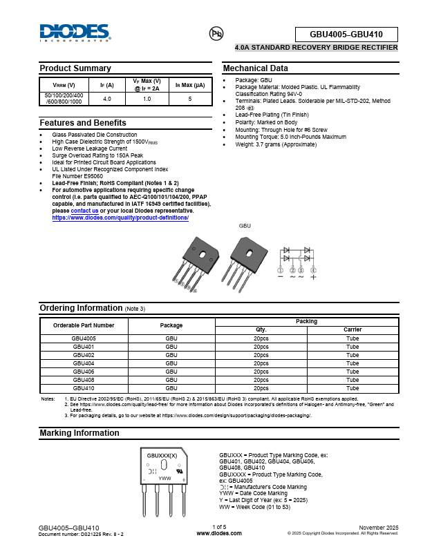 GBU401 4.0A STANDARD RECOVERY BRIDGE RECTIFIER by DIODES - Datasheet Preview