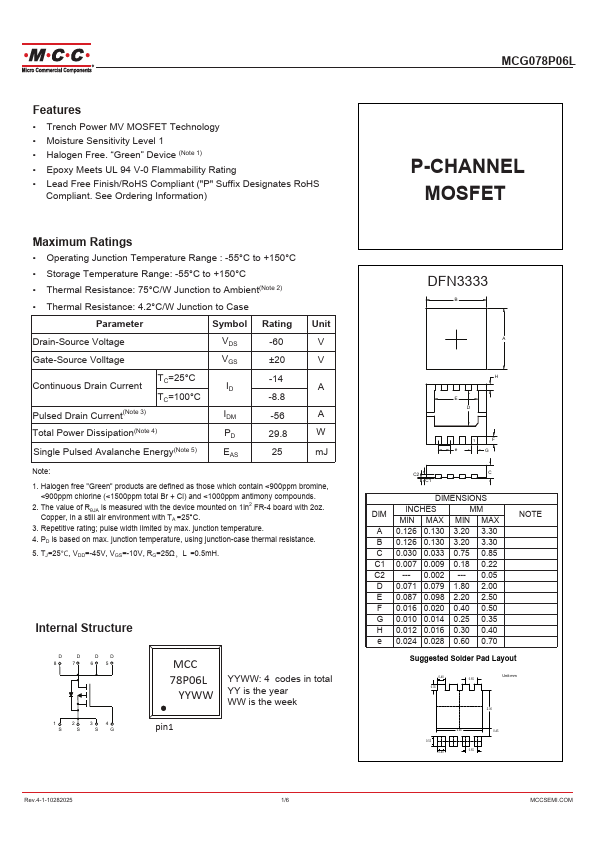 MCG078P06L P-CHANNEL MOSFET by MCC - Datasheet Preview