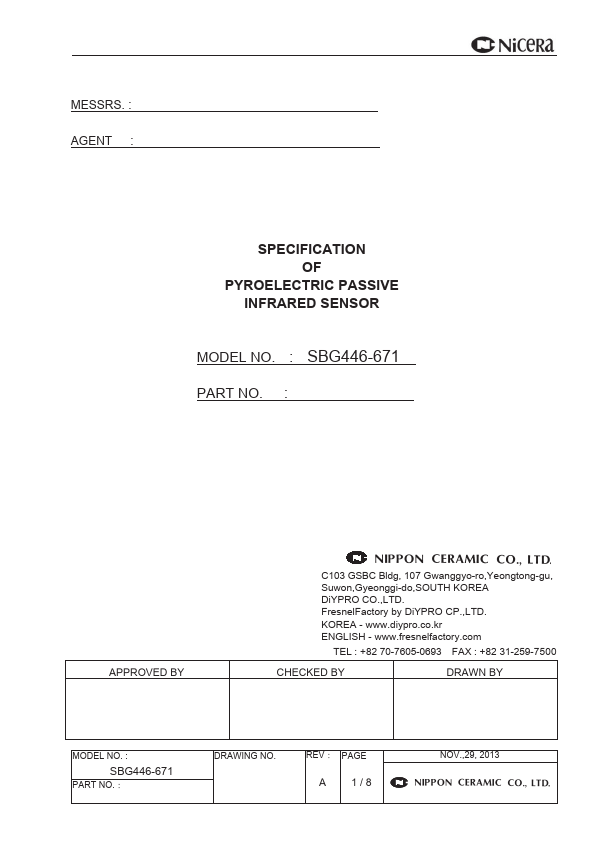 SBG446-671 PYROELECTRIC PASSIVE INFRARED SENSOR by Nippon Ceramic - Datasheet Preview