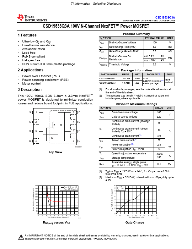 CSD19538Q3A 100V N-Channel Power MOSFET by Texas Instruments - Datasheet Preview