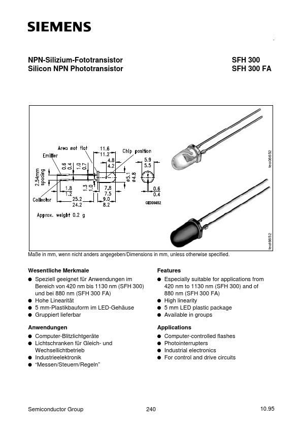SFH300FA Silicon NPN Phototransistor by Siemens - Datasheet Preview