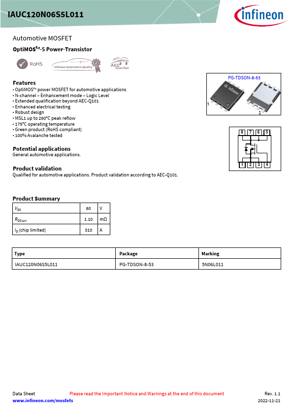 IAUC120N06S5L011 Datasheet Preview
