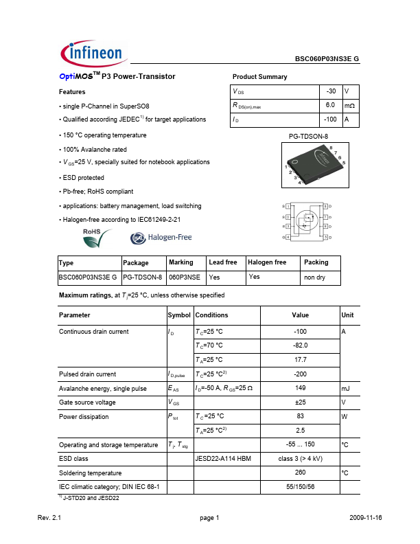 BSC060P03NS3E Datasheet Preview