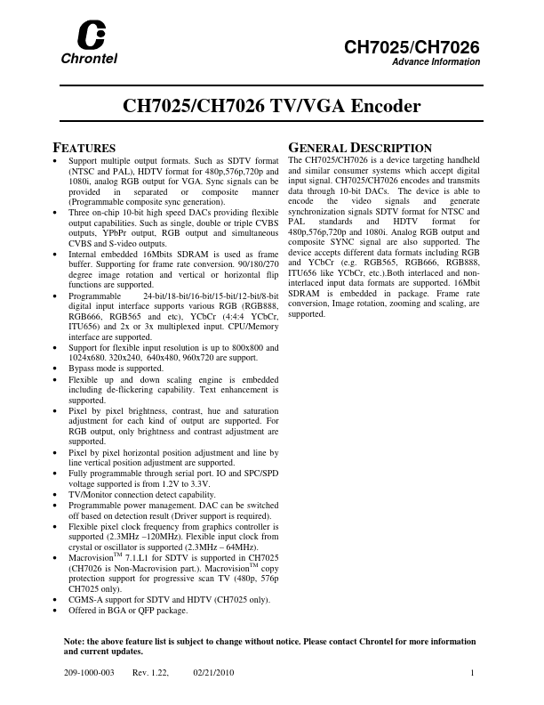 CH7025 Datasheet Preview