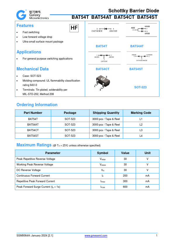 BAT54CT Surface Mount Schottky Barrier Diode by GME - Datasheet Preview