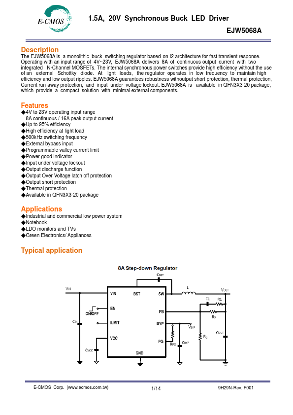 EJW5068A 1.5A 20V Synchronous Buck LED Driver by E-CMOS - Datasheet Preview