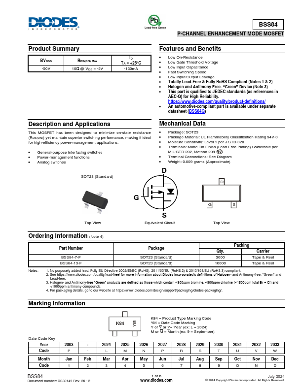 BSS84 P-CHANNEL ENHANCEMENT MODE MOSFET by DIODES - Datasheet Preview