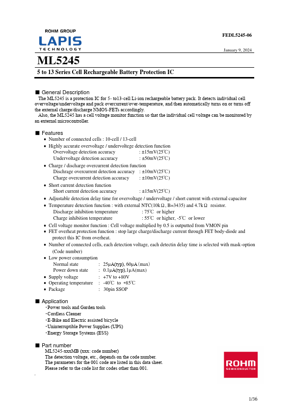 ML5245 Cell Rechargeable Battery Protection IC by LAPIS - Datasheet Preview