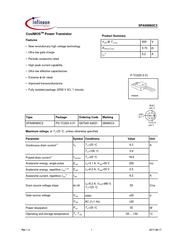 SPA06N60C3 Datasheet Preview