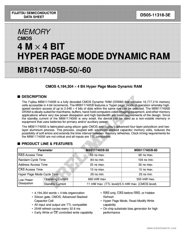 MB8117405B-60 Hyper Page Mode DRAM by Fujitsu - Datasheet Preview