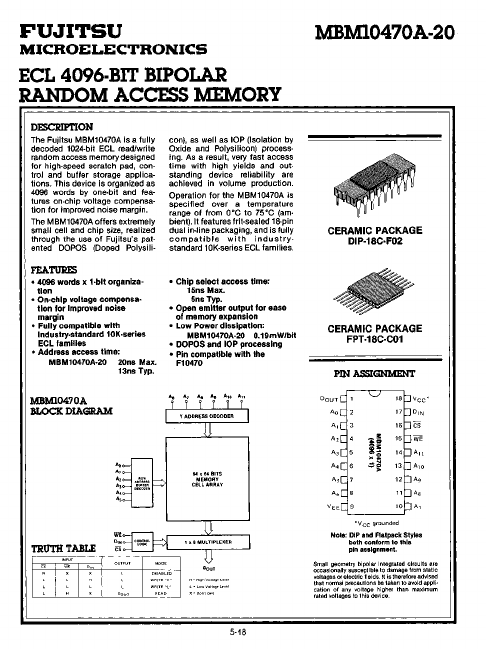 MBM10470A-20 ECL RAM by Fujitsu - Datasheet Preview