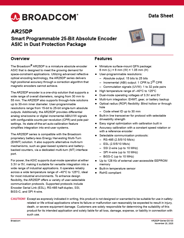 AR25DP Smart Programmable 25-Bit Absolute Encoder by Broadcom - Datasheet Preview