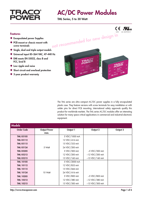 TML15212 AC/DC Power Modules by TRACO Electronic - Datasheet Preview