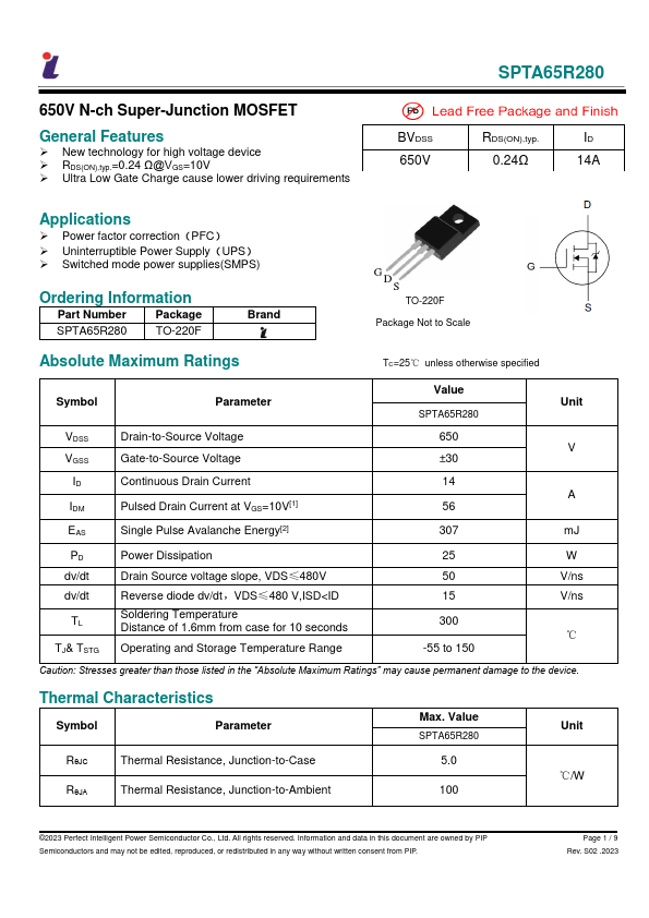 SPTA65R280 650V N-ch Super-Junction MOSFET by PIP - Datasheet Preview
