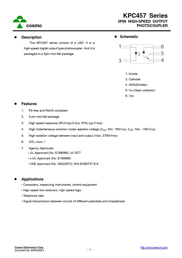 KPC457 5PIN HIGH-SPEED OUTPUT PHOTOCOUPLER by COSMO Electronics - Datasheet Preview
