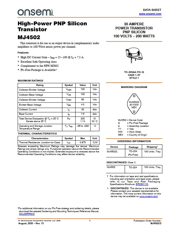 MJ4502 High-Power PNP Transistor by ON Semiconductor - Datasheet Preview
