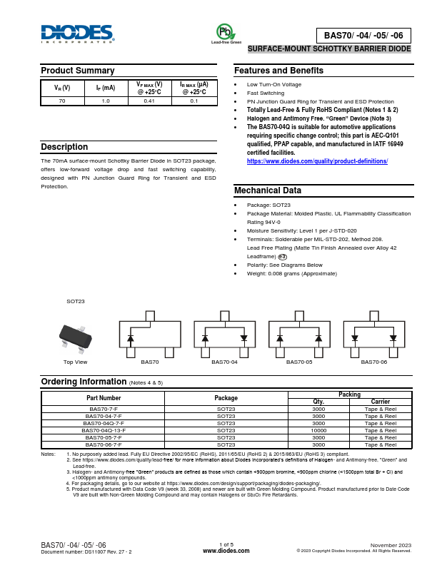 BAS70-04 SURFACE-MOUNT SCHOTTKY BARRIER DIODE by DIODES - Datasheet Preview