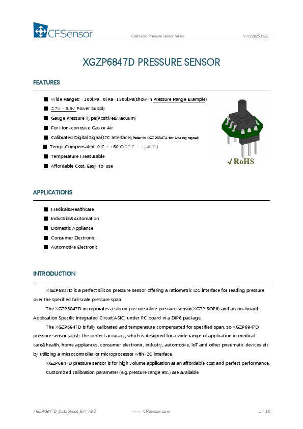 XGZP6847D Calibrated Pressure Sensor by CFSensor - Datasheet Preview