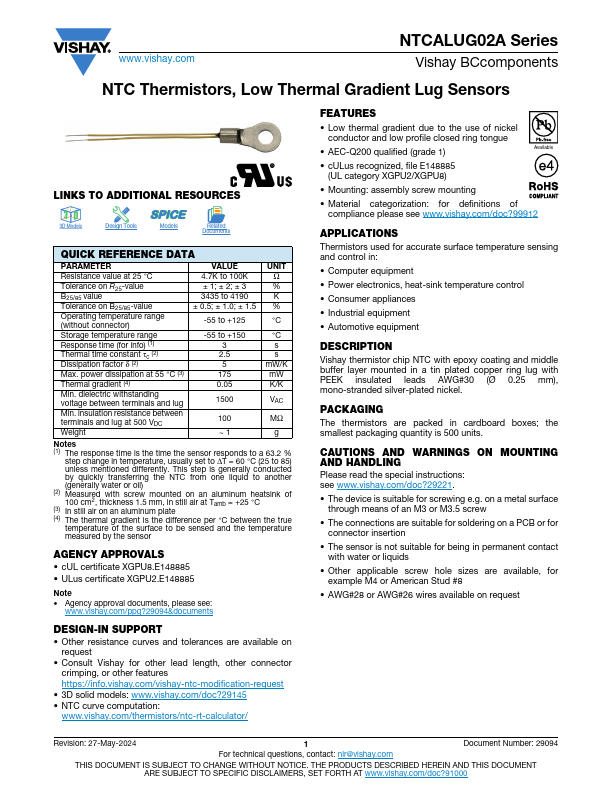 NTCALUG02A NTC Thermistors by Vishay - Datasheet Preview