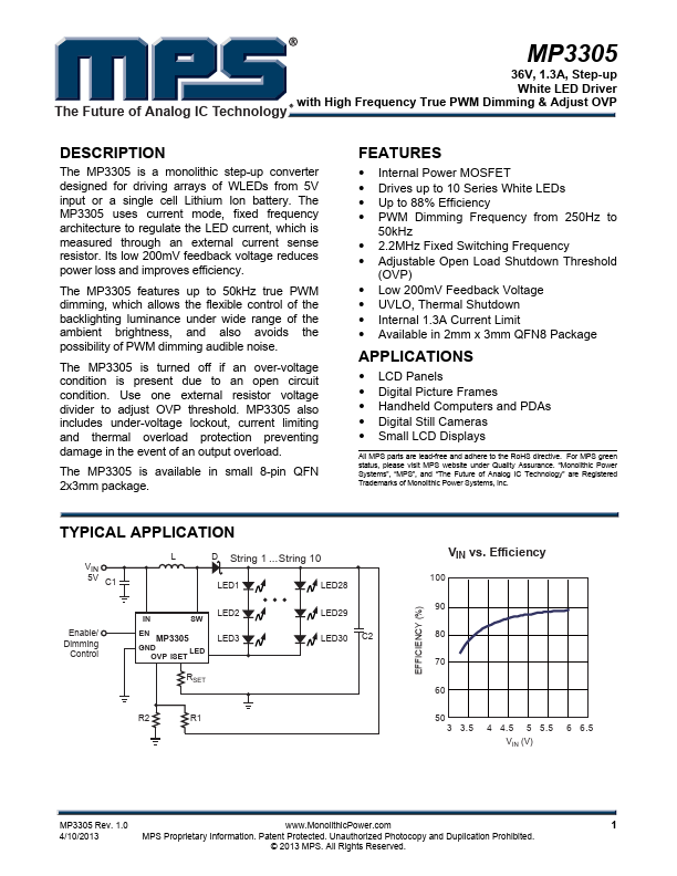 MP3305 36V 1.3A Step-up White LED Driver by MPS - Datasheet Preview