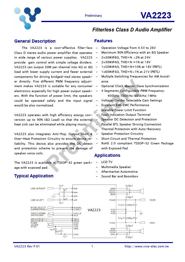 VA2223 Filterless Class D Audio Amplifier by Viva Electronics - Datasheet Preview