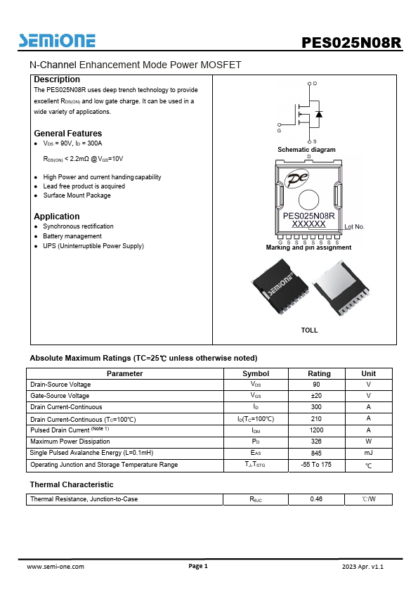 PES025N08R N-Channel Enhancement Mode Power MOSFET by Semione - Datasheet Preview