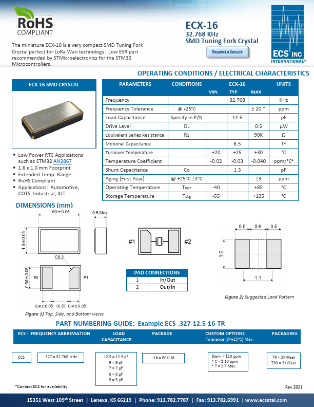 ECX-16 SMD CRYSTAL by ECS - Datasheet Preview
