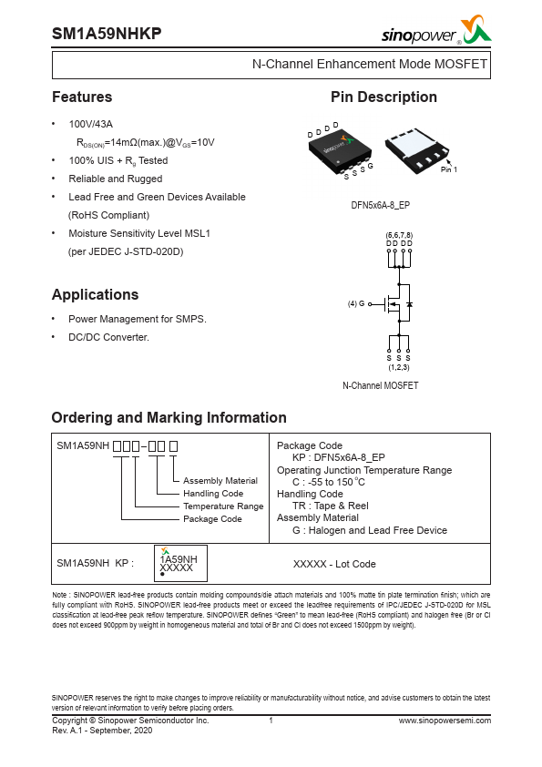 SM1A59NHKP N-Channel Enhancement Mode MOSFET by Sinopower - Datasheet Preview