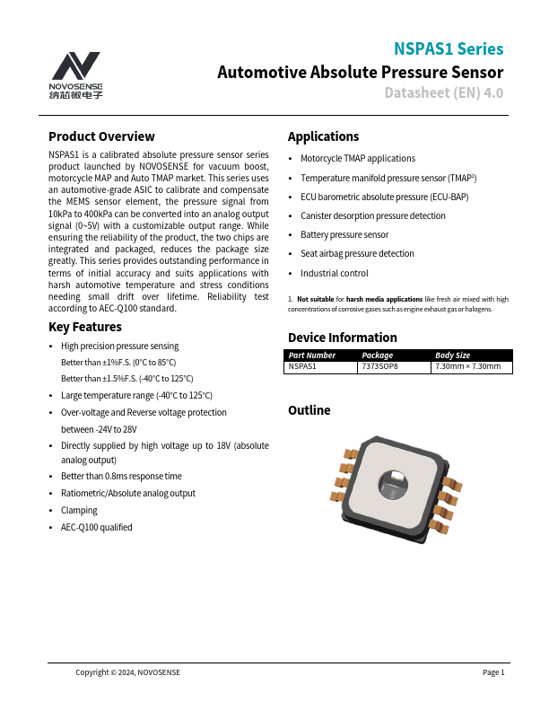 NSPAS1 Automotive Absolute Pressure Sensor by NOVOSENSE - Datasheet Preview