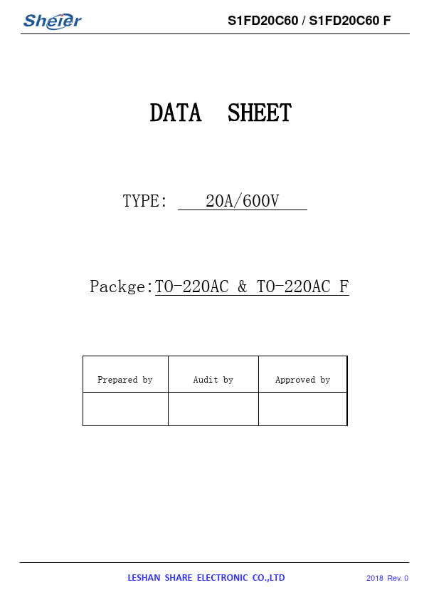 S1FD20C60F 20A/600V MOSFET by Sheier - Datasheet Preview