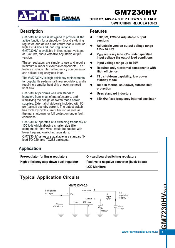 GM7230HV 150KHz 60V/3A STEP DOWN VOLTAGE SWITCHING REGULATORS by Gamma - Datasheet Preview