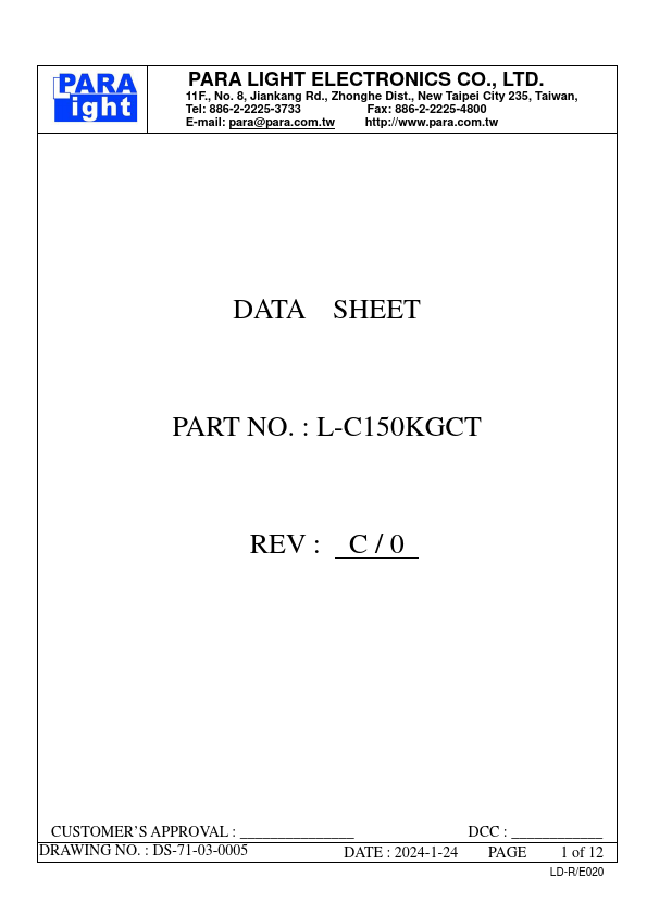 L-C150KGCT SURFACE MOUNT DEVICE LED by PARA LIGHT - Datasheet Preview