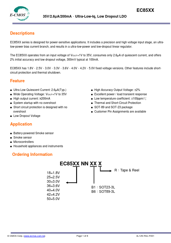 EC8536 35V 200mA Low Dropout LDO by E-CMOS - Datasheet Preview