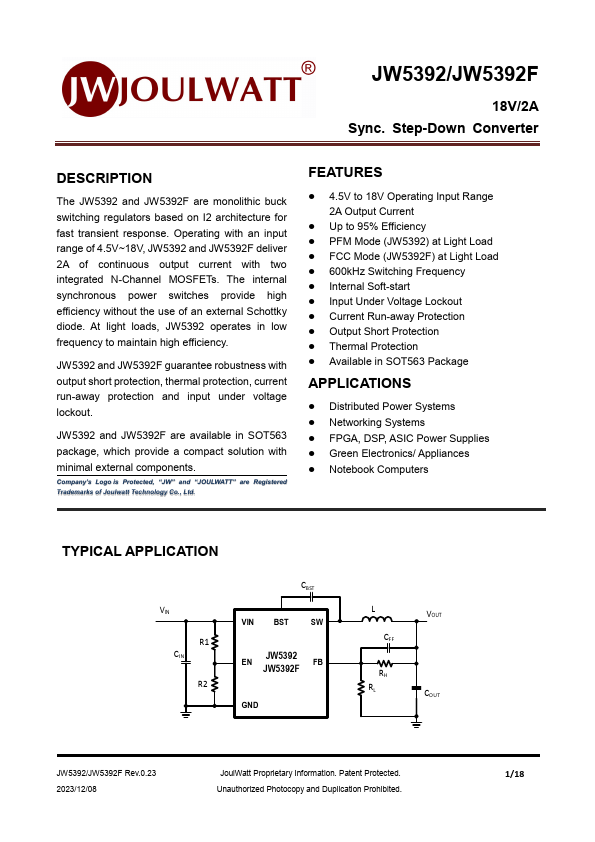 JW5392 18V/2A Sync. Step-Down Converter by JoulWatt - Datasheet Preview